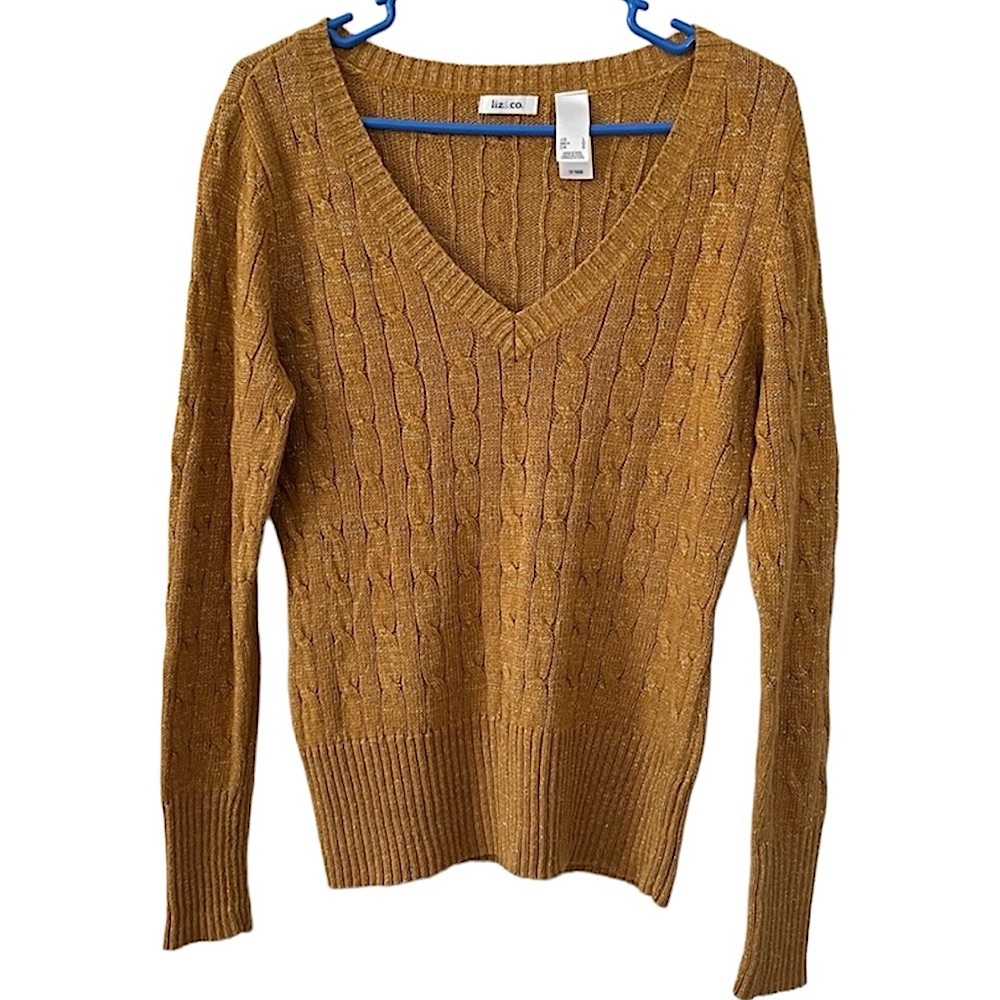 Liz & Co. | Gold Lurex Angora blend V-neck Cable knit sweater | size Large
